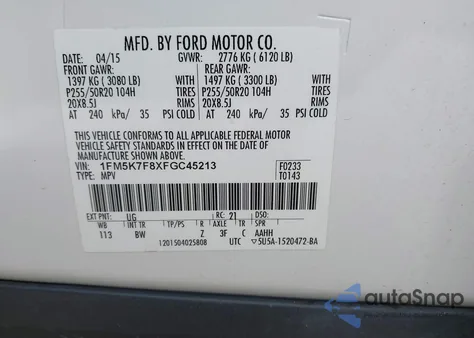 2015 Ford Explorer Limited from USA, damaged, VIN 1FM5K7F8XFGC45213